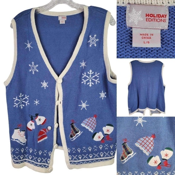 Holiday Editions Sweater Vest Women's Christmas Grandma Size L Blue White Cotton - Picture 1 of 8